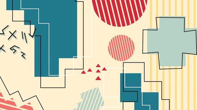 Seamless loop animation of an abstract background with various geometric shapes in multiple colors moving randomly, creating a vibrant and energetic pop art composition for visuals
