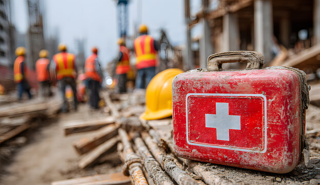 In the middle of the image, there is a construction site scene with a first aid kit and a hard hat in sight, and workers in safety vests in the background blurred.