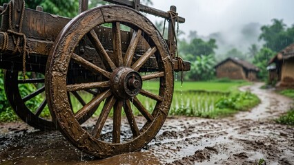 Fototapeta premium Rain Covered Bullock Cart Wheel – Nostalgic Monsoon Rural India Agriculture Banner