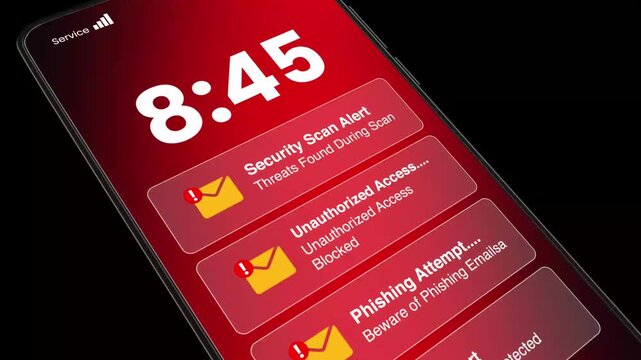 Smartphone screen displays multiple security alerts and warnings on red background
