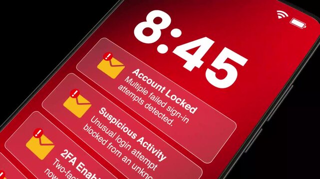 Smartphone screen displays suspicious activity alerts and account locked notifications