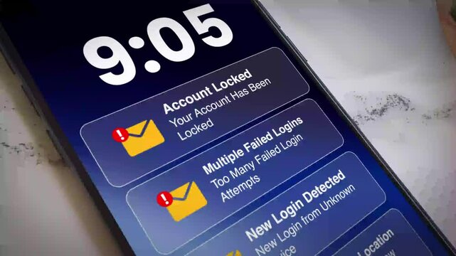 Smartphone screen displaying multiple failed login attempts and account locked notifications