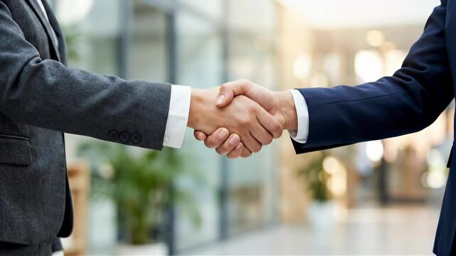 Two male businessmen shaking hands in office. Professional greeting and partnership agreement. Economic collaboration in corporate environment for business success.