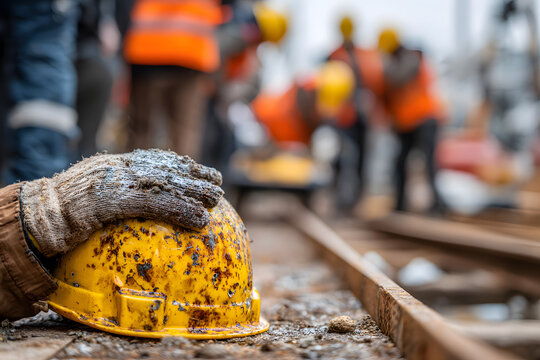 An accident involving a construction worker occurs at a construction site. Emergency aid engineers provide first aid to construction workers who are injured. The safety team aids a construction worker