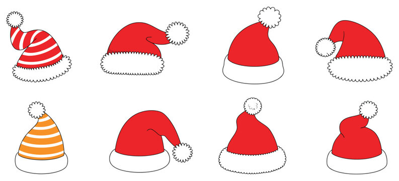 Cute Christmas Santa Claus hat collection vector set illustration, featuring various red winter bobble hats and striped beanie styles on a clean white background, festive holiday fashion design.