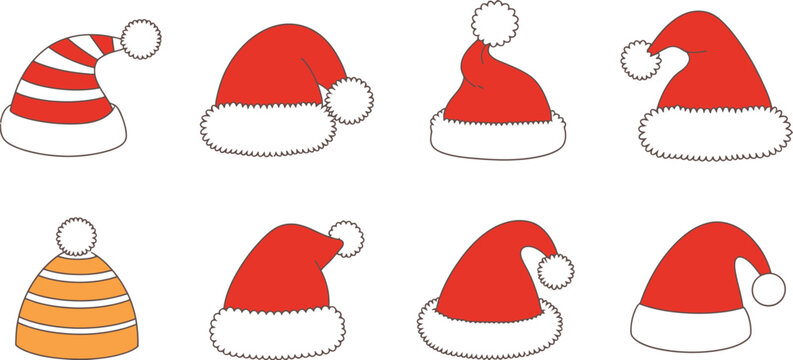Santa hat icon and winter cap collection, cute Christmas red hats with pom-poms and striped beanie variations, modern flat vector illustration set for holiday decoration and seasonal design.