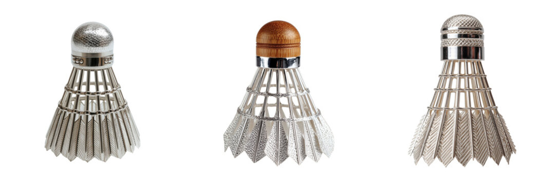 Collection of silver badminton shuttlecock positioned isolated on a transparent background