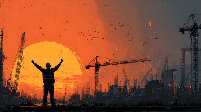 Generated AI illustration of a construction worker with arms raised in victory at a bustling construction site at sunset.