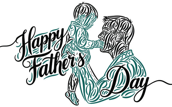 Happy Father's Day Calligram Illustration with Artistic Swirl Silhouettes of Father and Child