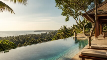 Fototapeta premium Tropical travel image of Bali featuring a luxury infinity pool, ocean view and lush hillside villa retreat at sunset. AI generative