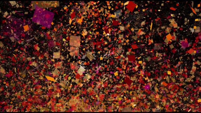 Colorful falling confetti brust and glitter explosion on black background, vibrant multi-color particles for celebration, party, birthday, and wedding event festive motion graphics overlay.