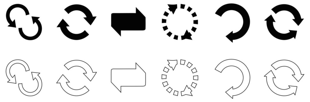 Collection of circular arrow icons in black and white