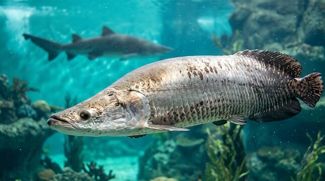 Arapaima gigas in aquarium with shark south american fish wildlife