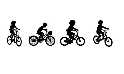 Fototapeta premium Silhouettes of four children riding bicycles in a row, isolated 