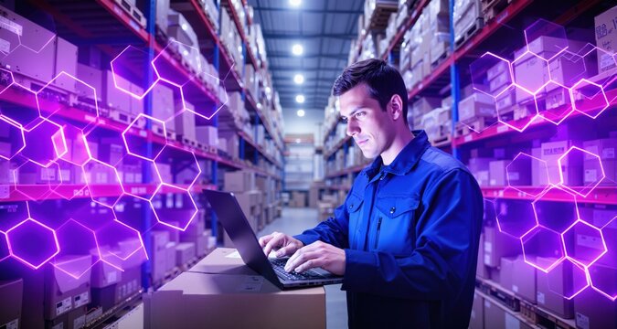 Warehouse workers using laptop checking inventory in logistics center. Style - Abstract bright glowing neon purple blue hexagonal network pattern high tech background. Digital innovation and technolog
