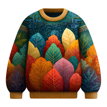 A sweater with intricate leaf patterns is a great choice for cozy fall days and warm seasonal outfits, and it looks great with a white or transparent png background