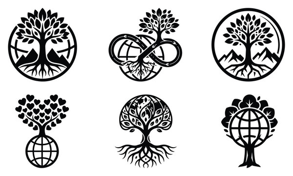 Tree logo designs with globe and mountains in black silhouette on white background