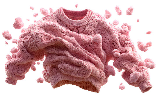 A creative clothing concept highlights a trendy autumn winter cozy crassy jersey pullover in a pink knitted sweater isolated on a white and transparent background. Fashion, sale, autumn discounts are 