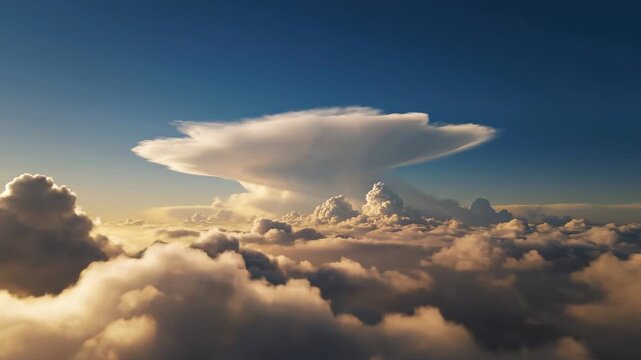 Anvil cloud formation above golden sunset clouds aerial view atmosphere