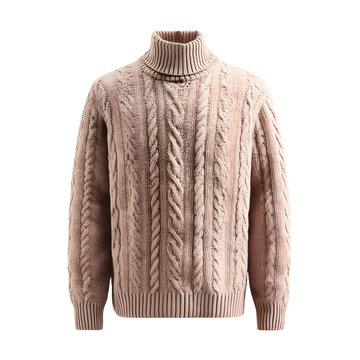 For men's fall and winter fashion trends, check out this stylish brown cable knit turtleneck sweater for online sale on a transparent background.