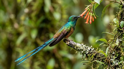 Fototapeta premium Sparkling tailed hummingbird feeding on orange heliconia flowers in cloud forest