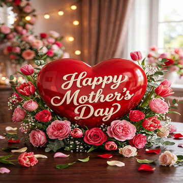 Happy Mothers Day Red Heart with Flowers 3D Render Romantic Floral Background