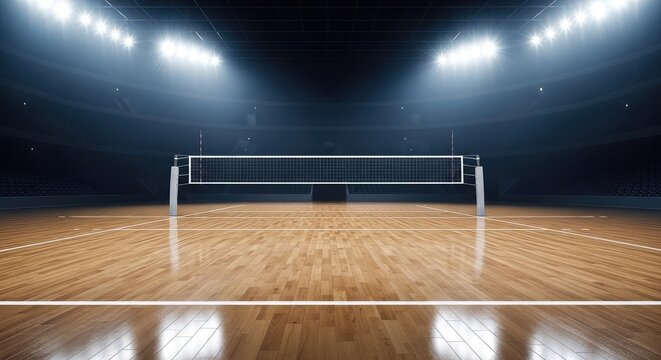 A polished wooden volleyball court glows under bright stadium spotlights, showing white boundary lines and a professional net in an arena, boundary, stadium, perspective