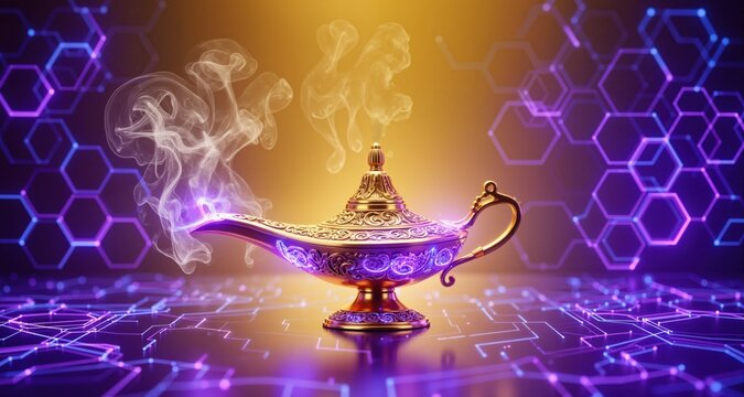 Precious golden magic lamp with smoke on blue background  fairy tales and wish fulfillment concept. Style - Abstract bright glowing neon purple blue hexagonal network pattern high tech background. Dig