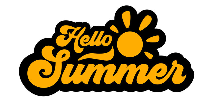 Hello Summer retro lettering with sun icon in groovy 70s style. Vintage orange and black typography badge for beach vacation, seasonal travel poster, t-shirt print and holiday design. Vector icon.