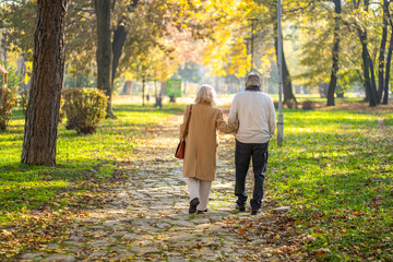 Fototapeta premium Elderly couple strolling through a park on a sunny autumn day