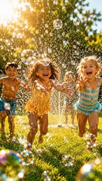 Excited children running through water spray and soap bubbles in sunny garden, joyful summer playtime, carefree outdoor childhood fun.
