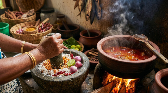 Sri Lankan Food making curry and sambal