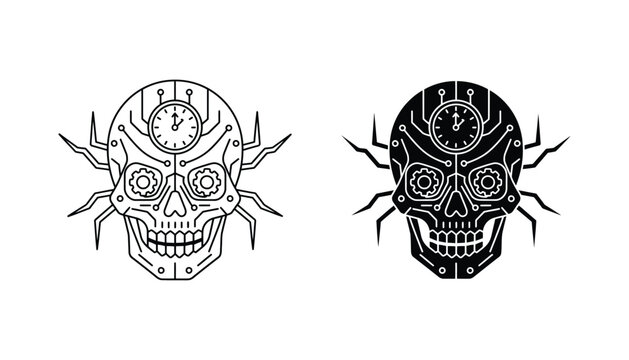Mechanical skull with clockwork gears and circuitry details for steampunk or dystopian concept art in black and white vector format
