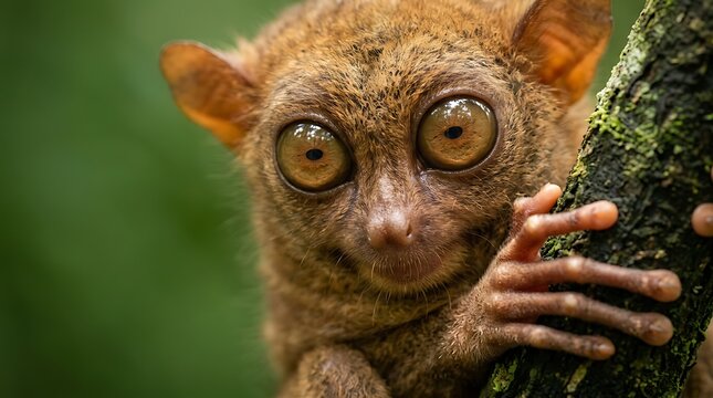 Philippine tarsier close up large eyed primate clinging to tree trunk