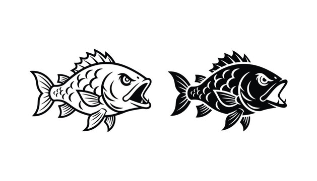 Aggressive predatory fish with open mouth and sharp scales in detailed vector line art and bold black silhouette style for fishing club logo or seafood restaurant branding