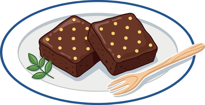Chocolate Brownie Dessert on Plate with Wooden Fork for Bakery, Cafe, and Sweet Snack Food Designs