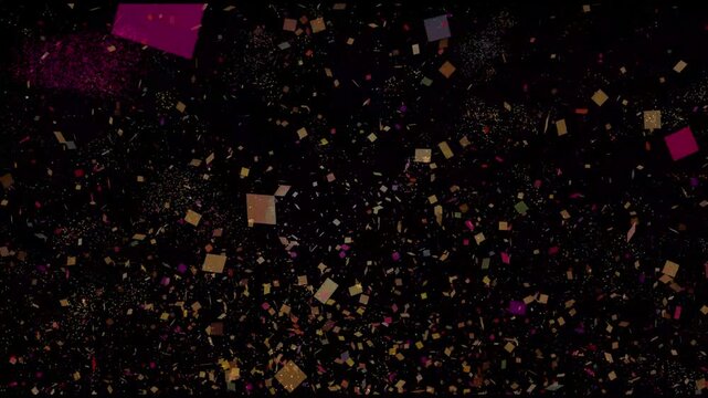 Colorful confetti explosive effect, party popper explosion animation on a black background luma matte included vibrant multi color square transition, with slow motion explosion effect festive. 4k loop