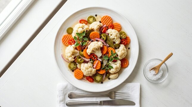Coliflor en escabeche &ndash; Authentic Mexican Food Studio Hero Shot on White Background | Commercial Stock Photo for Restaurant Menu, Food Blog, and Editorial Use