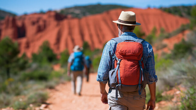 Rear view of hikers on a trail through Red Canyon in Spain on a hiking adventure, trail hiking adventure concept, Spain canyon photography, outdoor sport in red landscape,