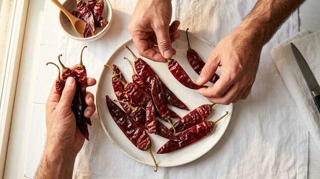 Chile guajillo dried &ndash; Authentic Mexican Food Ingredient Flat Lay on White Background | Commercial Stock Photo for Restaurant Menu, Food Blog, and Editorial Use