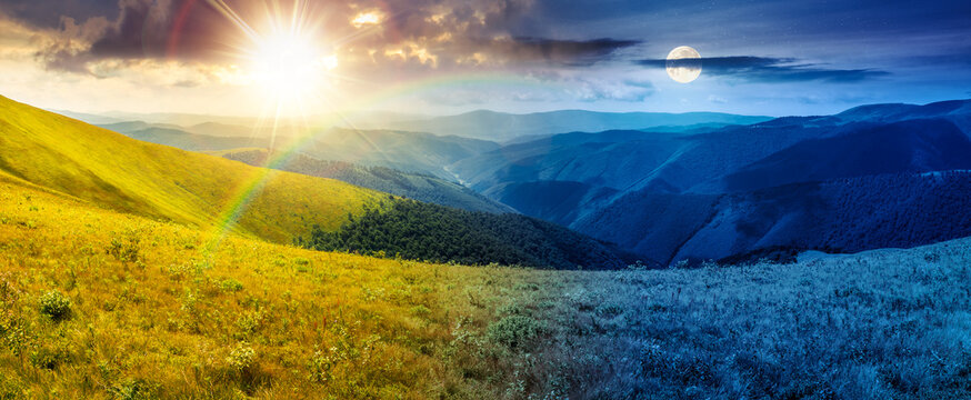 panorama of mountainous landscape. day meet night. wide view of cloudy sky with sun and moon in harmony over the grassy slope of a mountain ridge. epic summer solstice. adventure tourism in highland