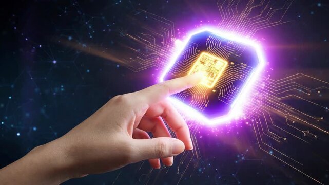 Futuristic finger touching glowing microchip with neon spark circuit glow, dynamic tech energy