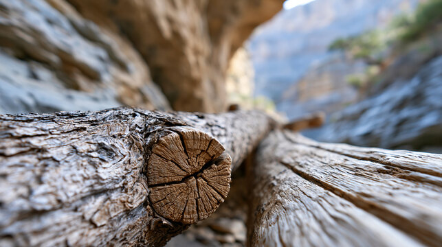 Rear view of tree logs fallen on a canyon wall creating an interesting natural composition, nature meets canyon concept, fallen log canyon photography, geological texture detail,
