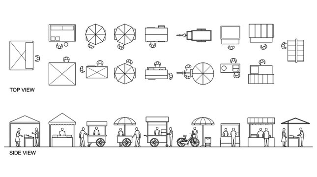 Various Market Stalls, Street Vendors, Carts and Human Figures in CAD Style Side View and Top View Technical Line Drawing Vector Set