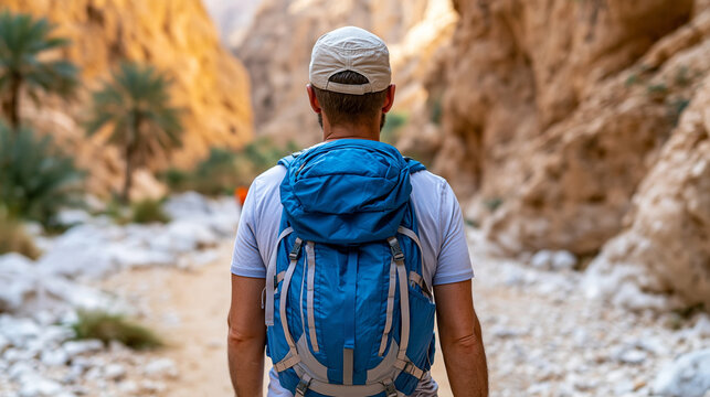 Rear view of a person at Wadi Shab canyon near Tiwi in Oman, Arabian Peninsula hiking concept, Oman canyon photography, Middle East canyon adventure, defocused background, with