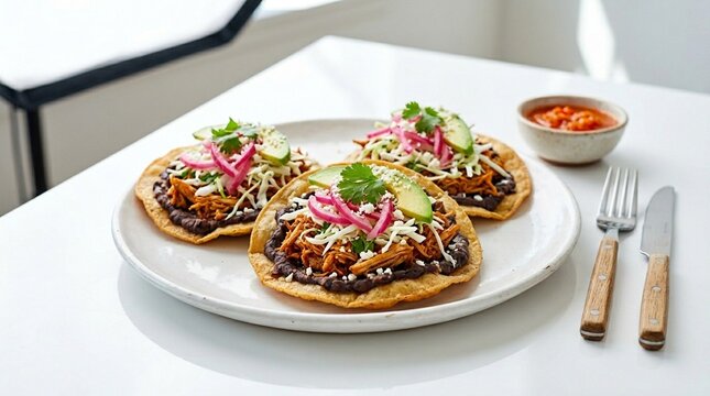 Panuchos Yucat&aacute;n stuffed &ndash; Authentic Mexican Food Studio Hero Shot on White Background | Commercial Stock Photo for Restaurant Menu, Food Blog, and Editorial Use