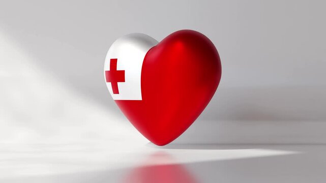 A 3D animation displays a heart that features the national flag of Tonga. The heart rotates smoothly in a continuous loop, providing a dynamic and engaging view