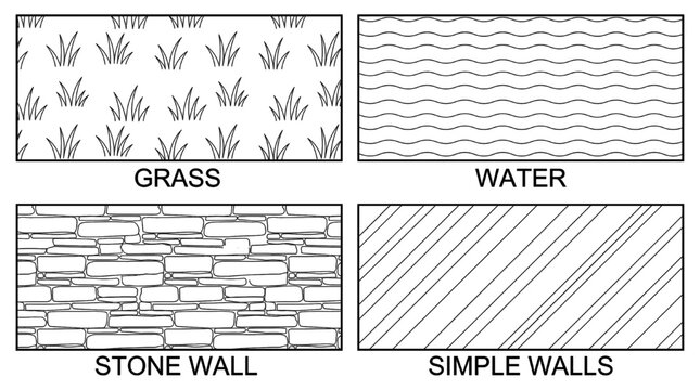 CAD Style Hatch Pattern Set of Grass, Water, Stone and Wall Texture Elements Collection for Architecture and Landscape Design