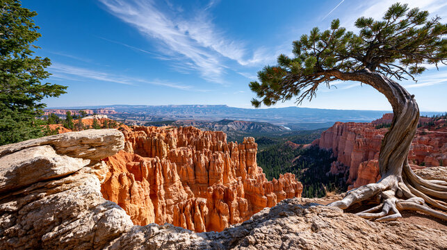 Rear view of a scenic canyon overlook with layered rock formations and a river below at Bryce Canyon, geological layering concept, canyon stratification photography, national park