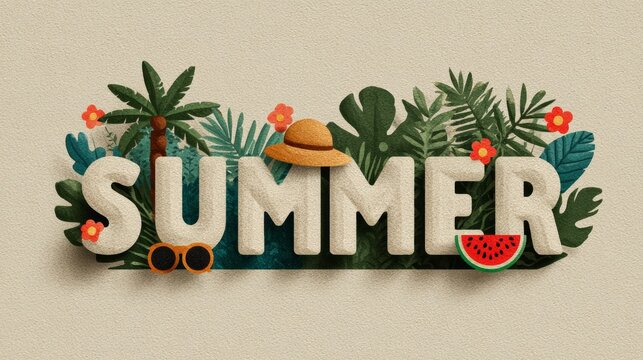 Colorful summer typography with tropical plants and fruit decoration, cheerful vacation concept, sunny lifestyle, summer promotion.